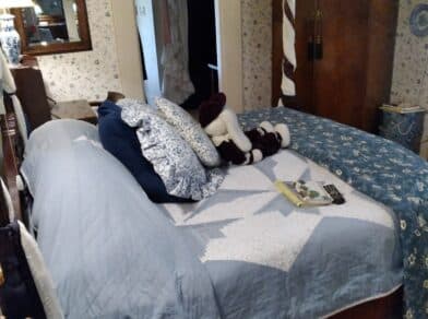 Cozy bedroom with two made beds, decorative pillows, and a book on top of the covers.